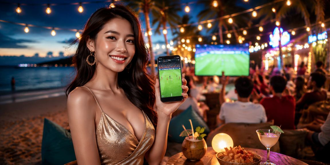Người dùng xem kèo bóng đá tại bãi biển Phú Quốc trên điện thoại